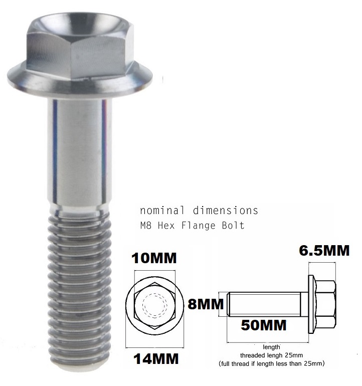 M8X50MM 1.25 THREAD PITCH TITANIUM FLANGE 10MM HEX BOLT GRADE 5